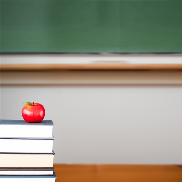 Manzana roja en pila de libros en el aula