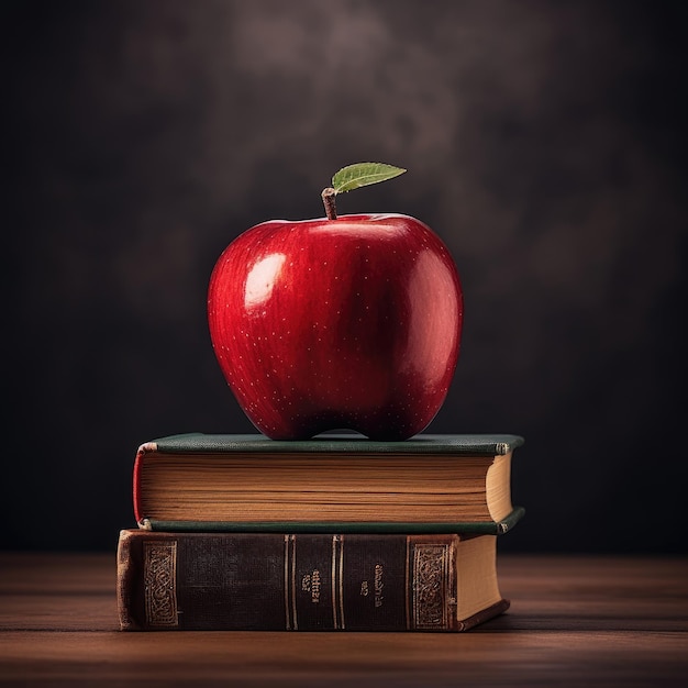 Manzana roja y una pila de libros de fondo oscuro
