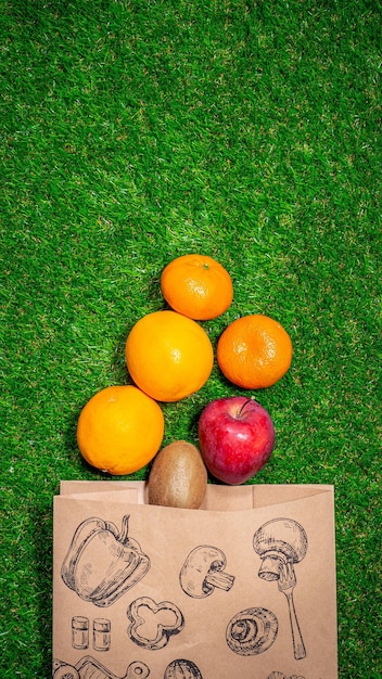 Manzana roja de plátano y diferentes frutas con bolsa de papel artesanal sobre hierba plana Espacio para texto Concepto de cero residuos