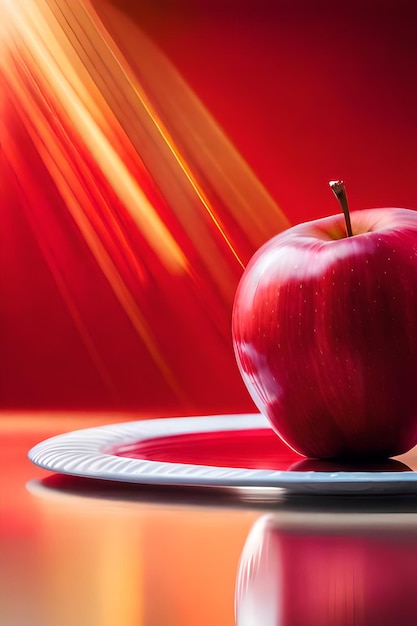 Una manzana roja en un plato de plata con un fondo rojo.