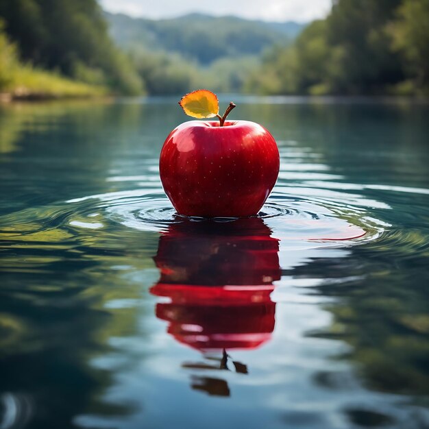 Foto una manzana roja que se hunde lentamente bajo la superficie ondulada de un lago tranquilo generado por ai