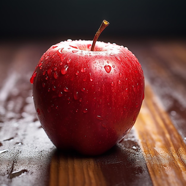 Manzana roja reluciente sobre mesa de madera