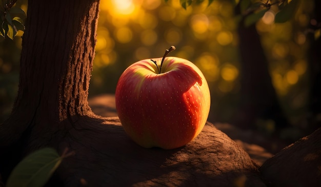 Manzana roja con salida del sol en el fondo del bosque IA generativa