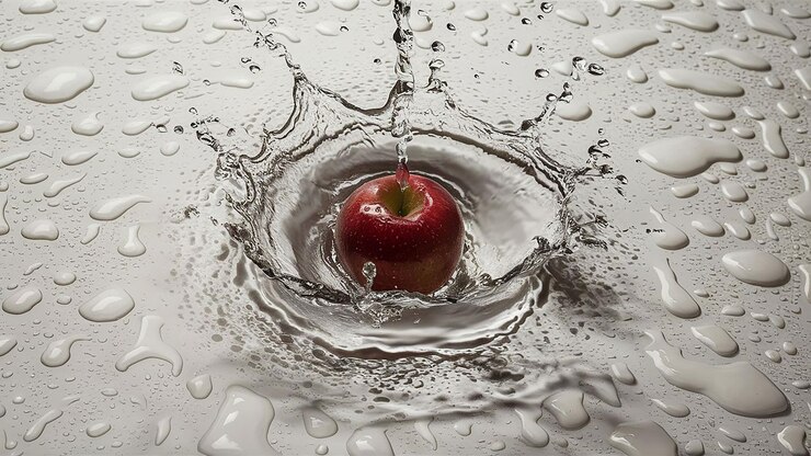 Una manzana roja salpicada de agua con una gota de agua