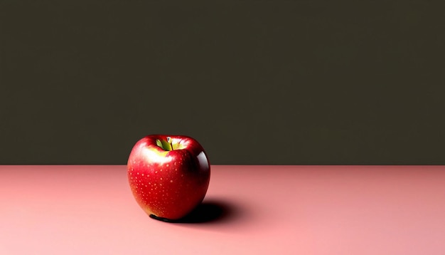Una manzana roja se sienta en una mesa con un fondo oscuro.
