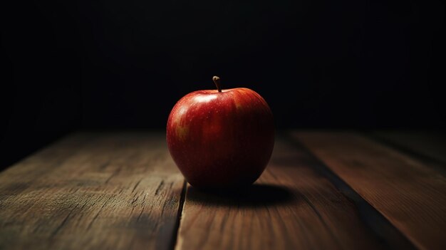 Una manzana roja se sienta en una mesa de madera frente a un fondo negro.