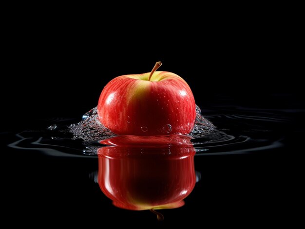 Foto manzana roja sobre un fondo negro con gotas de agua y ondas ia generativa
