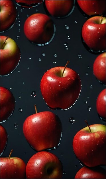 manzana roja sobre un fondo oscuro y cubierta con gotas de agua