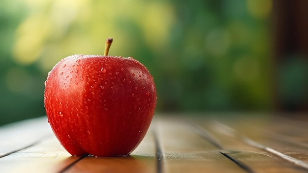 Foto manzana roja sobre mesa de madera con hojas de otoño profundidad de campo generativo ai