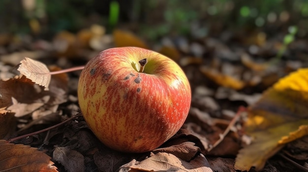 Una manzana roja en el suelo con hojas en el suelo.