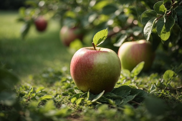 Manzana roja en el suelo en el parque de otoño con hojas caídas Manzanas maduras en una canasta sobre un gra verde