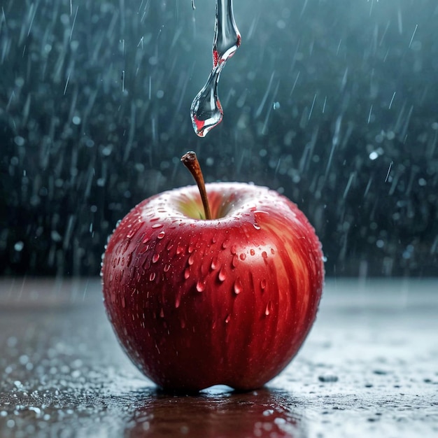 Foto una manzana está siendo rociada con agua y gotas de agua