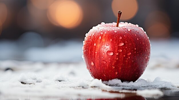 Foto una manzana sobre diseño de fondo de nieve.