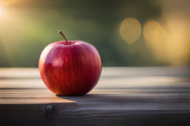 Una manzana sobre una mesa con el sol detrás