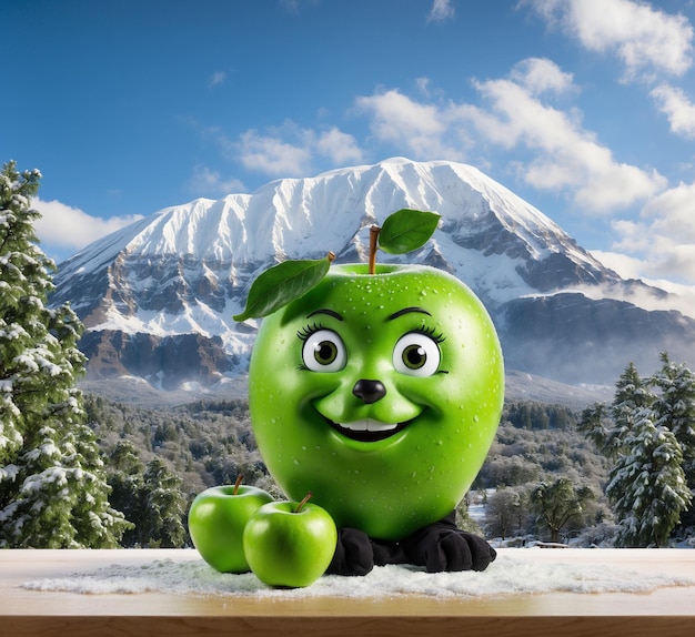 Manzana verde con cara sonriente y manzanas en una mesa de madera sobre un fondo de montaña nevada