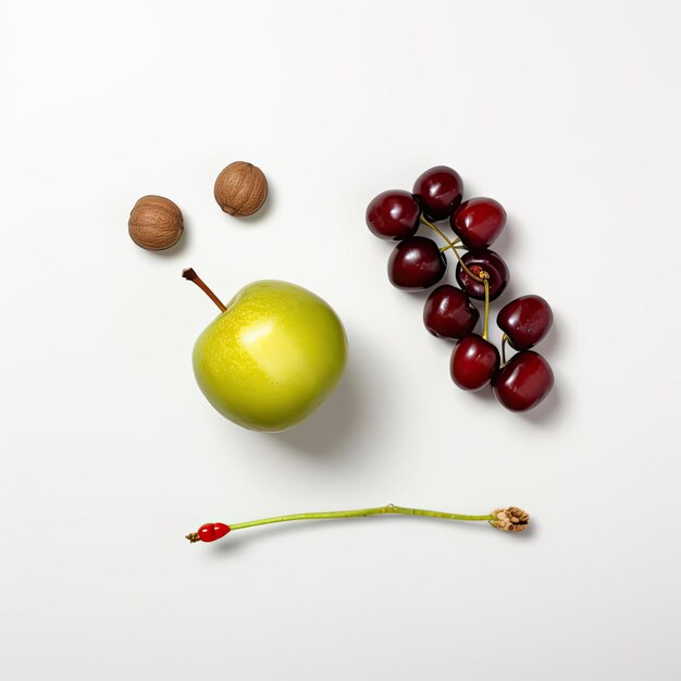 Manzana verde cereza roja y nueces en una vista superior de fondo blanco