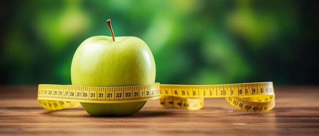 Foto una manzana verde con una cinta métrica alrededor