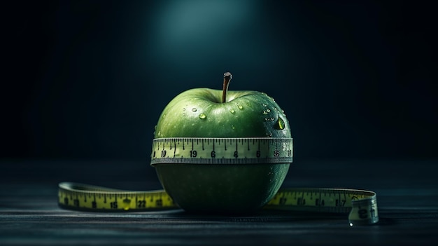 Manzana verde y cinta métrica sobre mesa de madera Dieta y alimentación saludable conceptgenerative ai