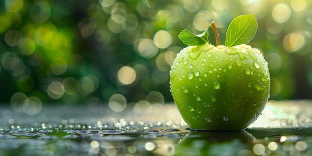 Manzana verde desornada en una superficie reflectante