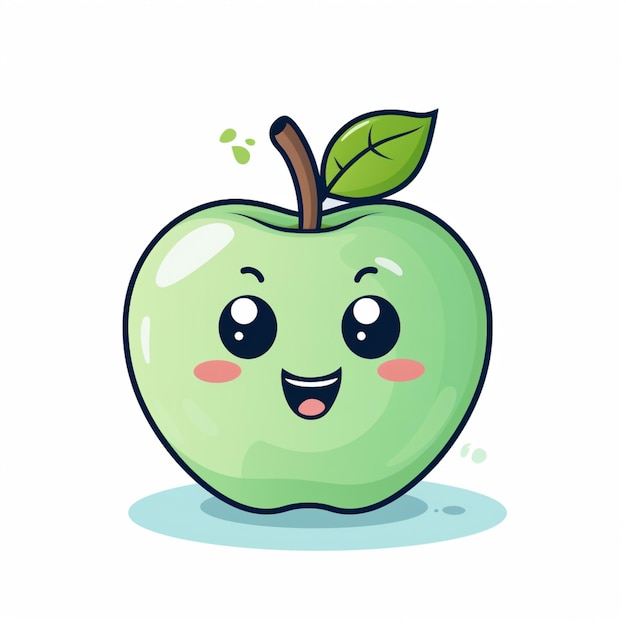 manzana verde de dibujos animados con una cara feliz y una hoja en su cabeza generativa ai