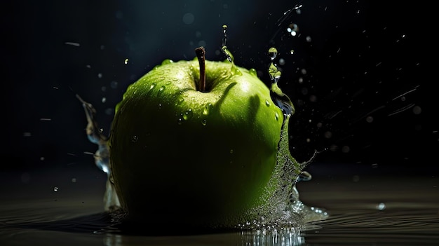 Una manzana verde está rodeada de agua y está rodeada de burbujas.