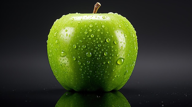 Manzana verde fresca con hojas y gotas de agua