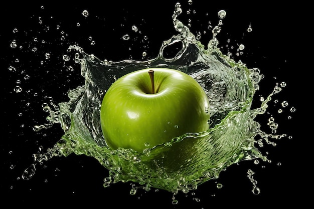 manzana verde fresca en salpicaduras de agua sobre fondo negro