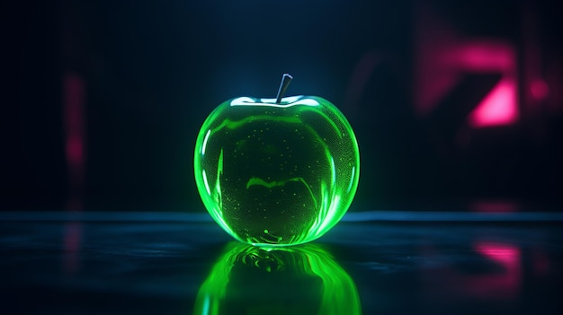 Una manzana verde fresca sentada en una mesa de madera