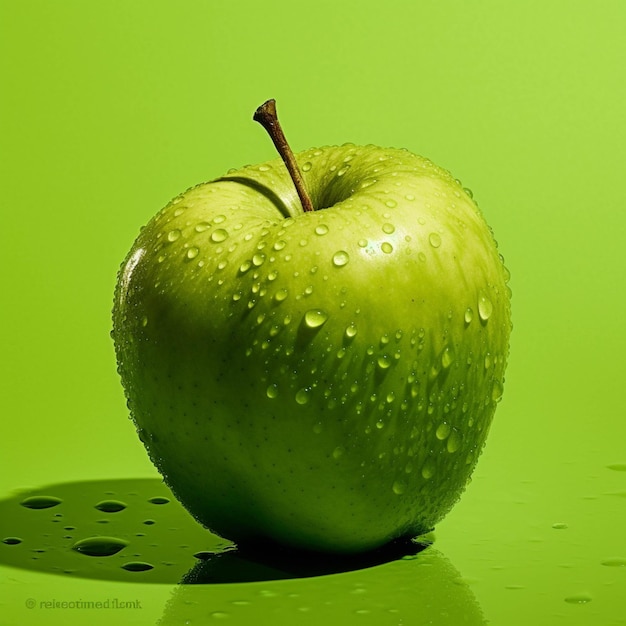 Manzana verde con gotas de agua en un fondo oscuro