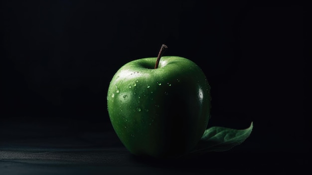 Manzana verde con gotas de agua sobre un fondo negro