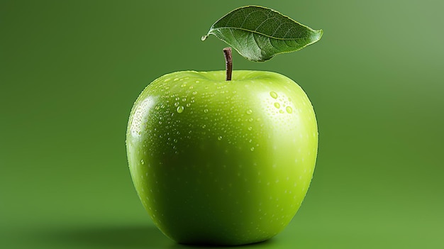 Manzana verde con gotas de agua sobre un fondo verde