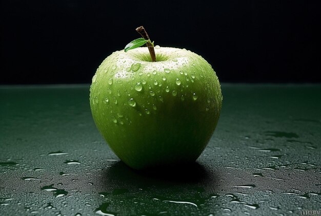 Una manzana verde con gotas de agua