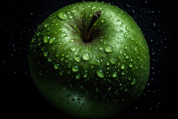 Una manzana verde con gotas de agua