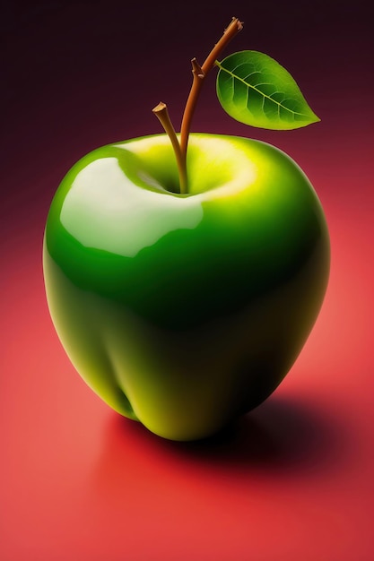 Una manzana verde con una hoja