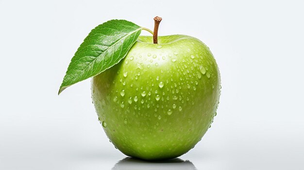 manzana verde con hojas y gotas de agua aisladas