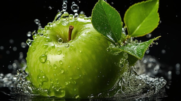 Manzana verde con hojas y salpicaduras de agua sobre fondo negro ai generativo