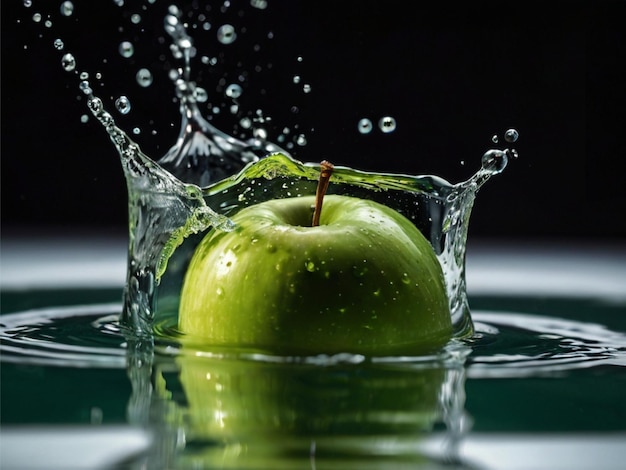 manzana verde hundiéndose en el tanque de agua fotografía profesional de alta velocidad