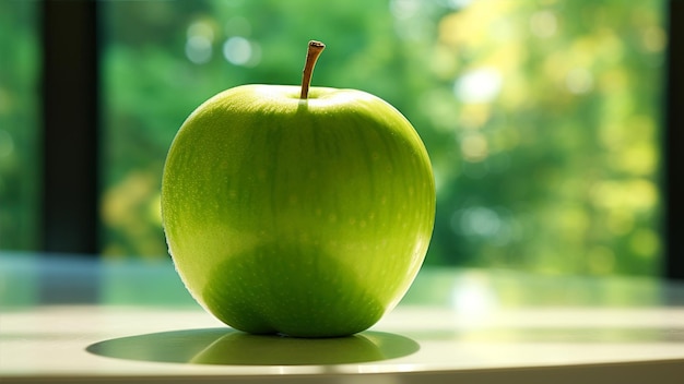 Manzana verde en una mesa frente a una ventana con un fondo natural