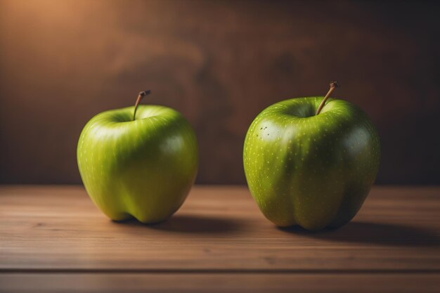 Manzana verde en una mesa de madera con fondo oscuro profundidad de campo poco profunda El concepto de alimentación saludable es generativo