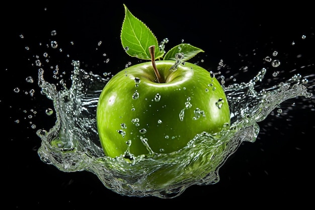 Manzana verde en salpicaduras de agua levitando sobre fondo oscuro