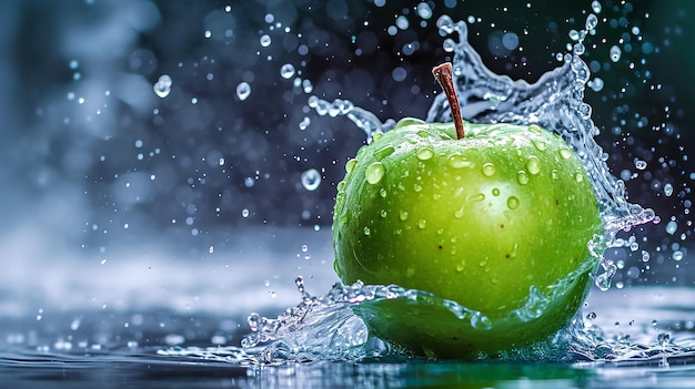 Foto una manzana verde salpicando en el agua