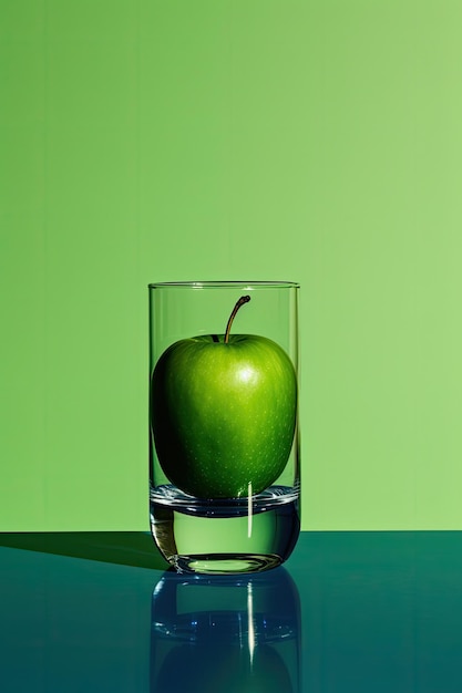 Una manzana verde se sienta en un vaso de agua.