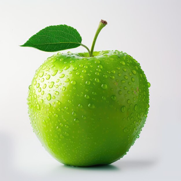 Foto una manzana verde sobre un fondo blanco