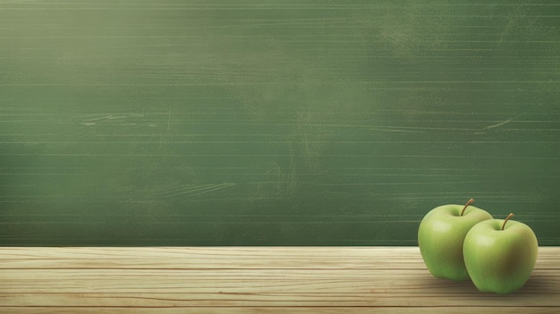 Manzana verde sobre una mesa de madera frente a una pizarra