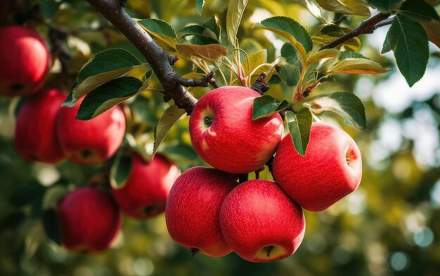 manzanas en abundancia frutas rojas frescas colgando de los árboles en la granja de manzanas