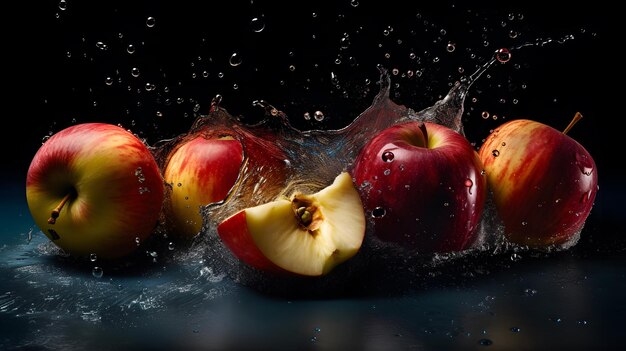 Manzanas en agua con un fondo negro