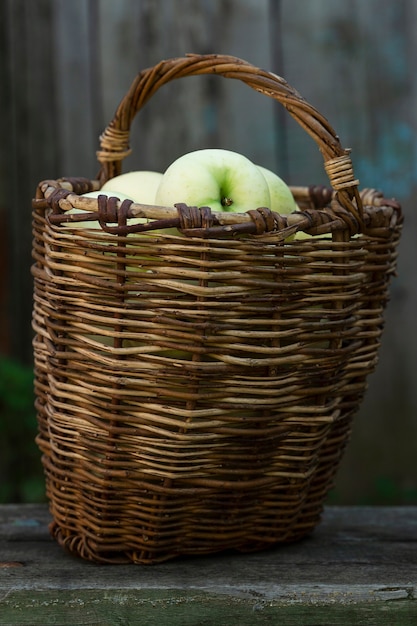 Manzanas blancas maduras vertiendo en una canasta de mimbre en el jardín. Nueva cosecha. Vitaminas y comida sana. Vertical.