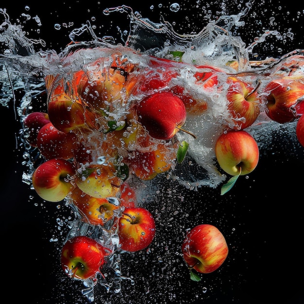 Las manzanas caen en el agua, las frutas caen, el jugo de manzana explota.