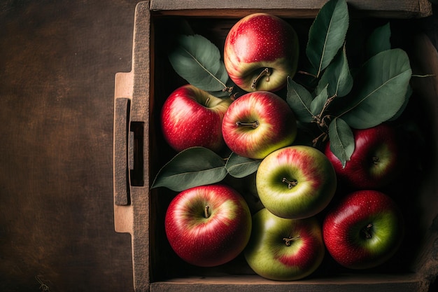 Manzanas en una caja de madera maduras y rojas Vista desde arriba con espacio para escribir