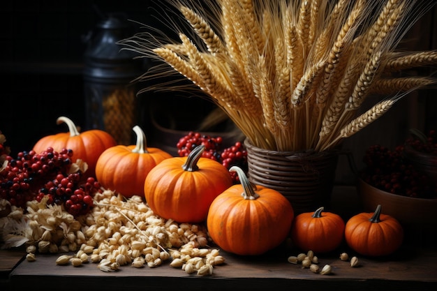 Foto manzanas de calabaza de acción de gracias nueces de maíz y bayas frente al follaje de roble resaltado foto de alta calidad